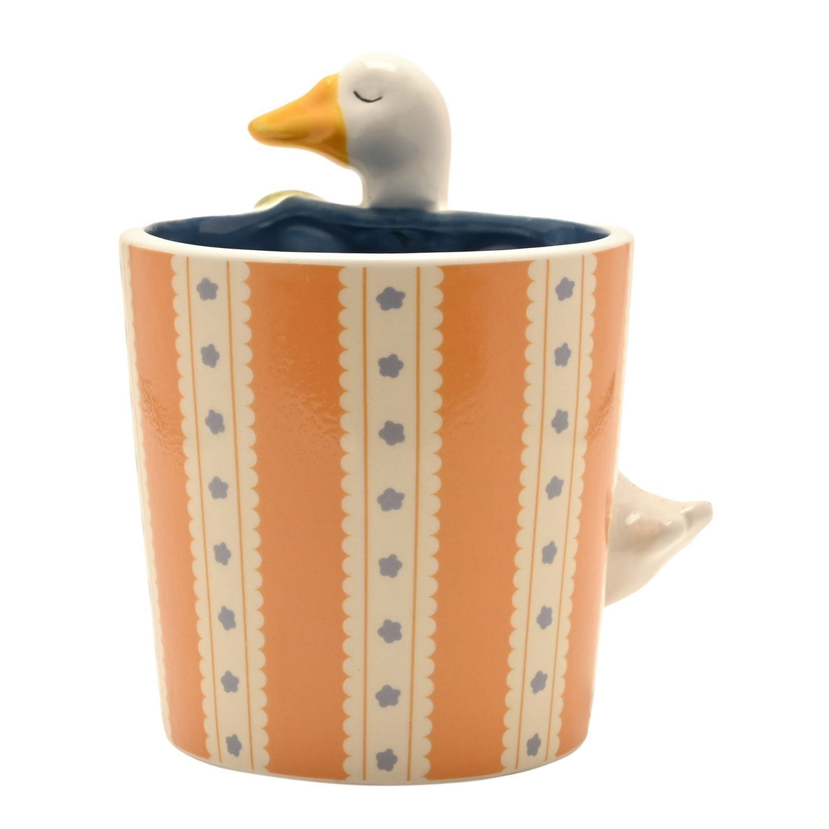 Round Striped Ceramic Planter with Goose - Orange & Cream