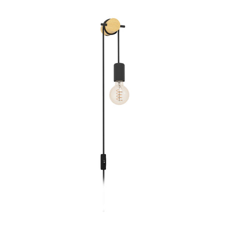 Buddon wall light with round wood mount and black peg, black fabric cord looping to a hanging lampholder and globe bulb, plug-in cable with inline switch, shown on a white background.