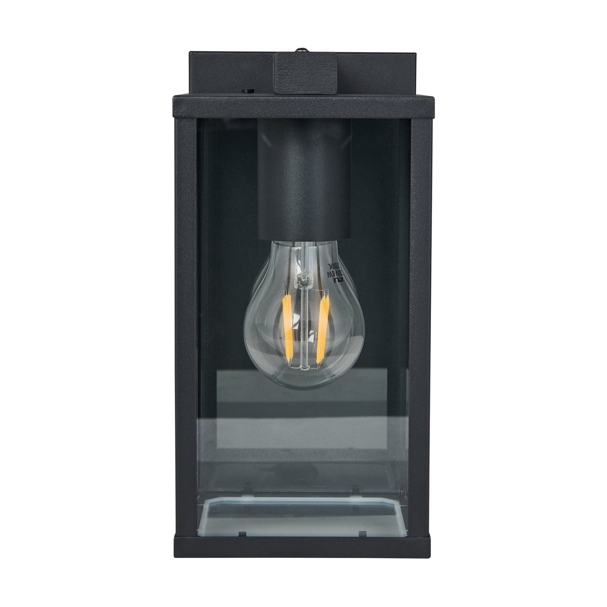 Budrone outdoor wall light in black steel with clear glass panels in a box lantern design, showing a single visible E27 bulb, on a plain white background.