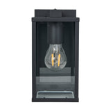 Budrone outdoor wall light in black steel with clear glass panels in a box lantern design, showing a single visible E27 bulb, on a plain white background.