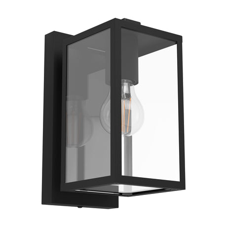 Budrone Outdoor Wall Light in black steel with a box lantern frame and clear glass panels, showing a visible E27 bulb, on a plain white background.