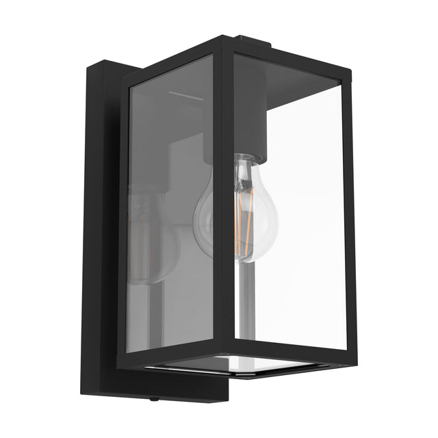 Budrone Outdoor Wall Light in black steel with a box lantern frame and clear glass panels, showing a visible E27 bulb, on a plain white background.