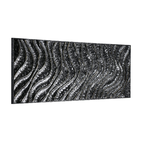 Bugrino Wall Decoration in black metal with rippling wave relief, silver-highlighted crests and fine gold edge lines, 121 x 47 x 4cm, shown on a plain white background.