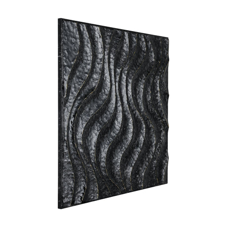 Bugrino Wall Decoration 97 x 4cm in black metal, featuring deep relief wave bands with a glossy dimpled texture and fine gold edge lines, set in a slim black frame against a plain white background.