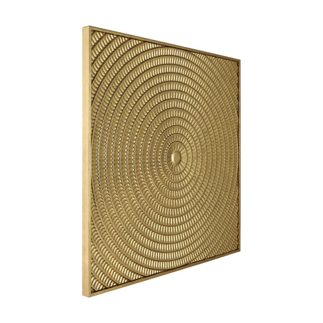 Bugrino Wall Decoration in gold: a square metal wall art panel with a slim border and raised concentric ribbed rings radiating from a central domed boss, shown on a plain white background.