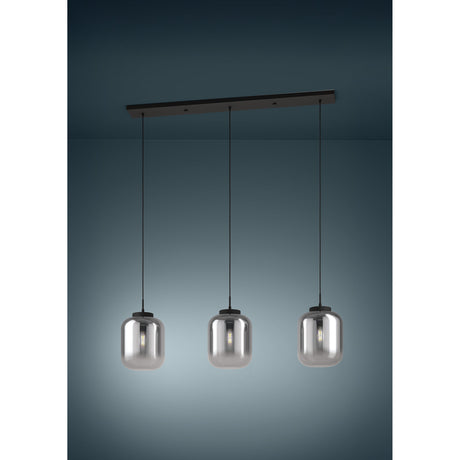 Bulciago Smoked Glass Linear Pendant Light in black, featuring a long black steel ceiling bar with three jar-shaped smoked glass shades on slim black cords.