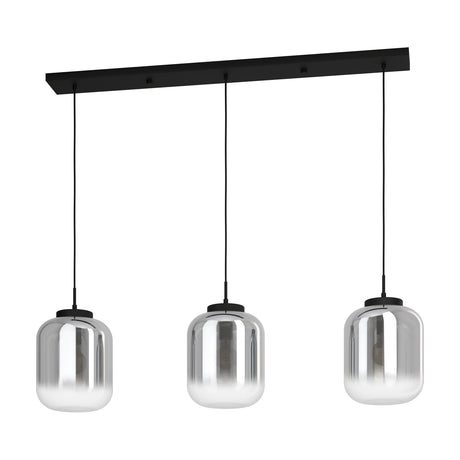 Bulciago linear pendant light with black steel ceiling bar and three jar-shaped smoked glass shades on black cords, shown on a plain white background.