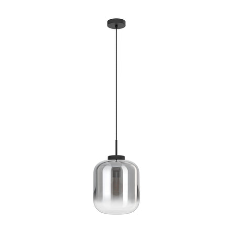 Bulciago Smoked Glass Pendant Light 25cm in Black, rounded cylindrical shade fading from mirrored smoke to clear glass, hung on a black cord and ceiling canopy against a plain white background.