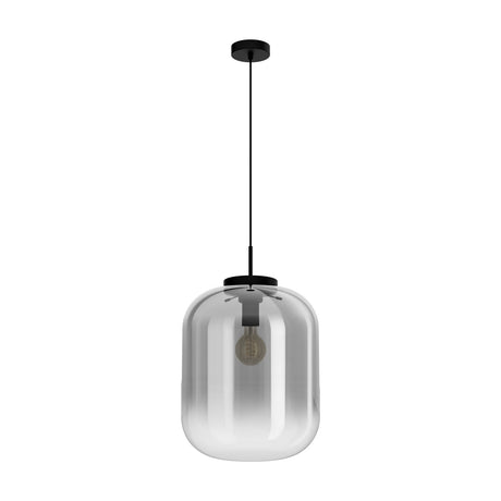 Bulciago Smoked Glass Pendant Light 35cm in Black, a rounded glass shade on a black cord with round ceiling canopy, shown against a plain white background with visible E27 bulb.
