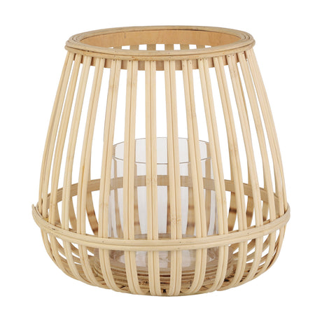 Bunawan bamboo candle lantern with a rounded, tapered body of natural slats, wrapped bands, and a clear glass candle holder inside, shown on a plain white background.