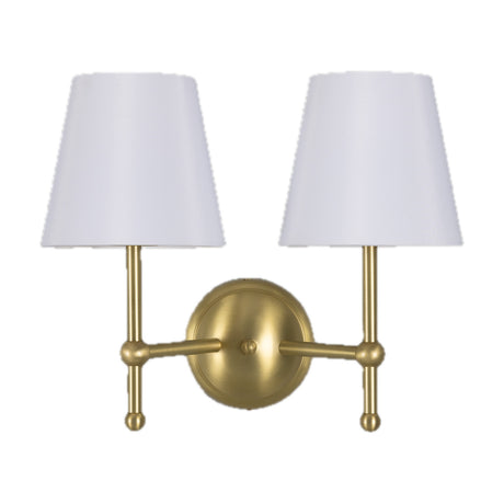 Bursa Double Cone Wall Light with two tapered white fabric shades on slim brass stems, round backplate, short arms and ball finials, shown on a plain white background.