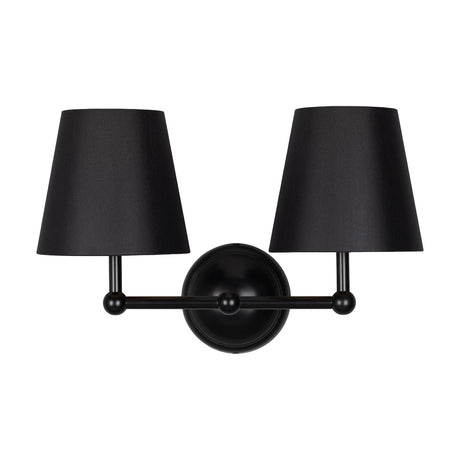 Busan Double Cone Wall Light in matt black, two-arm design with round backplate, ball details, and tapered fabric cone shades, shown on a white background.