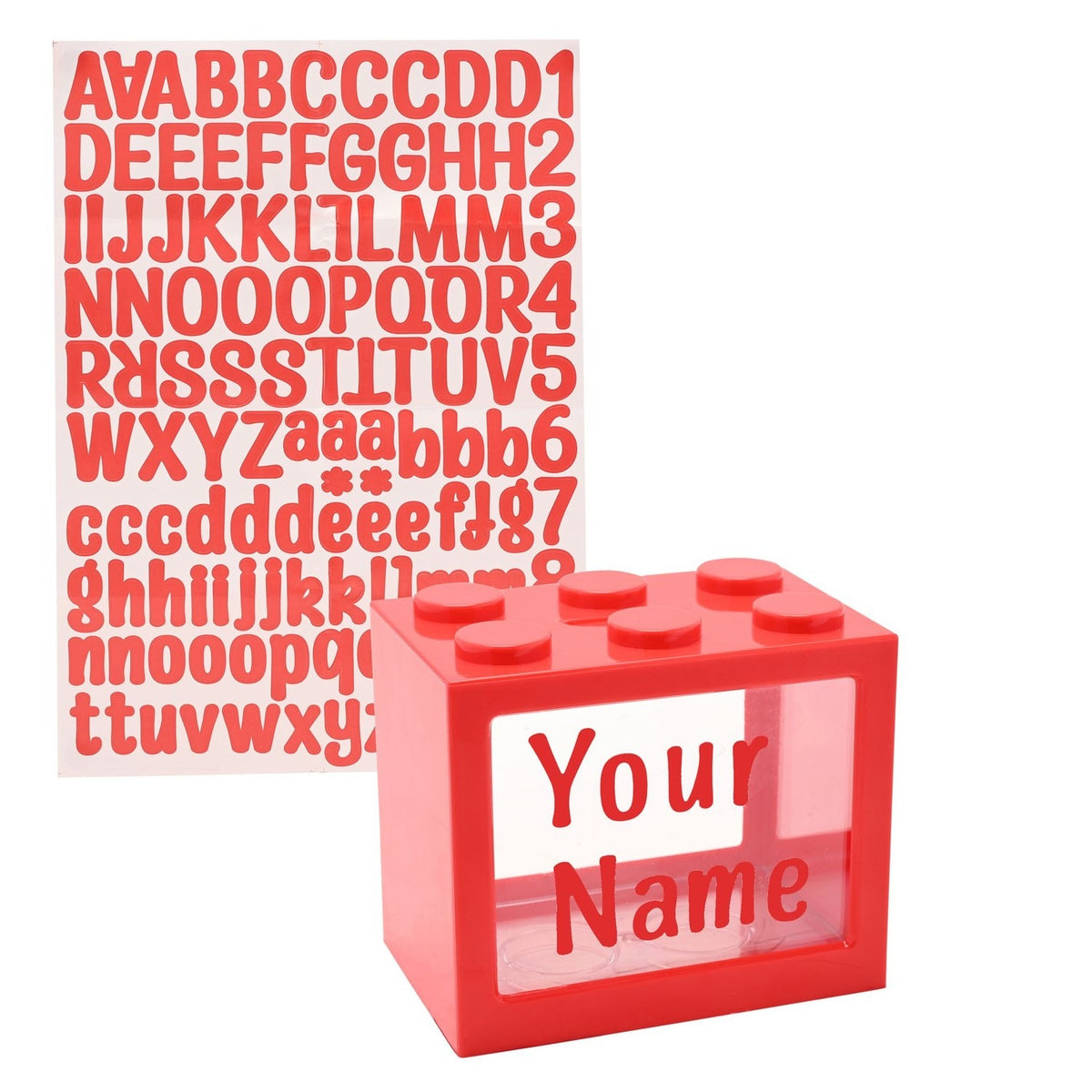 Personalisable Money Box with Full Alphabet Sticker Sheet - Red