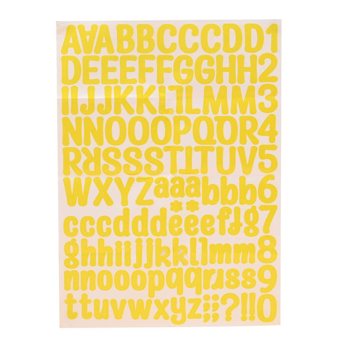 Yellow alphabet sticker sheet with upper and lower case letters, numbers and punctuation for personalising the money box, shown on a plain background.