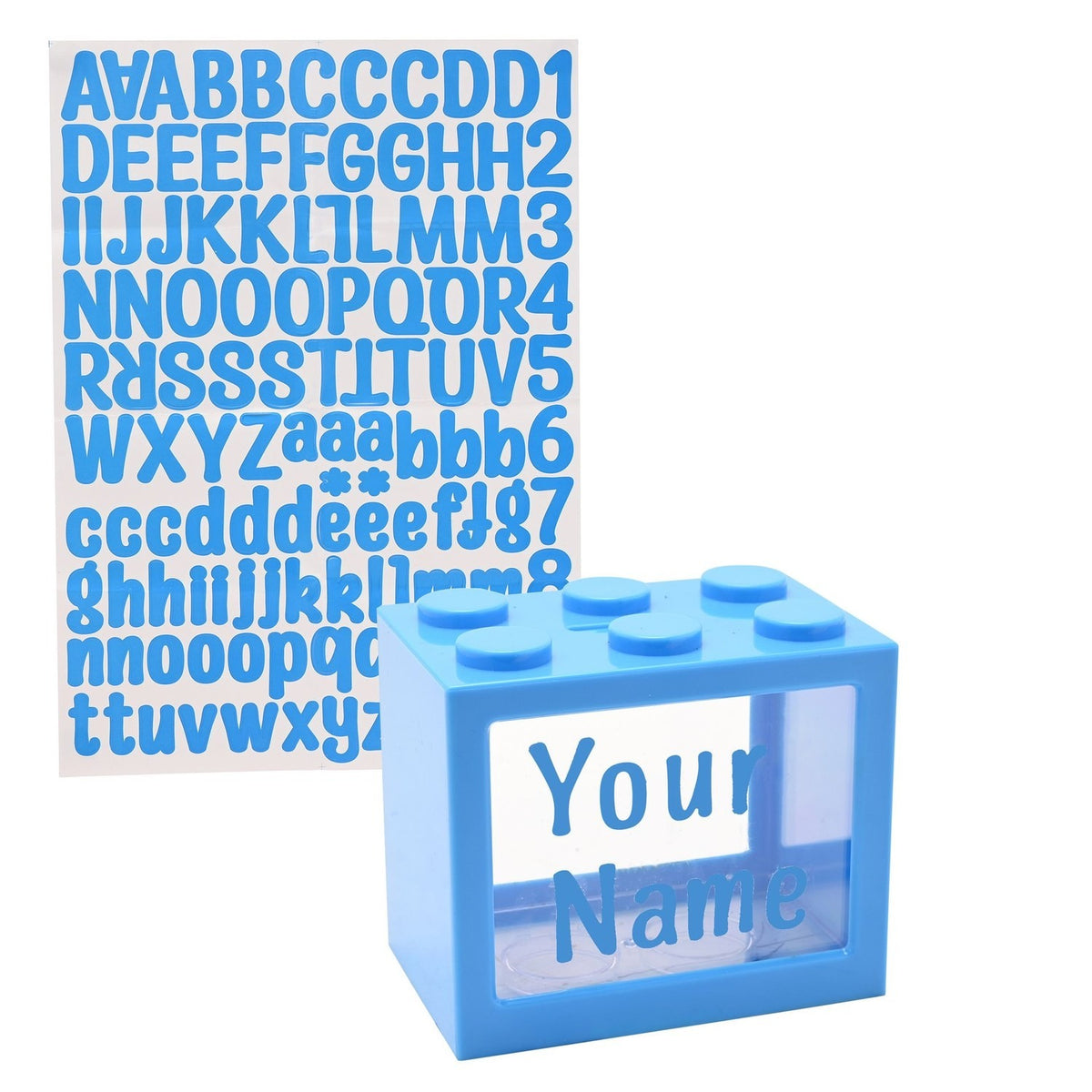 Personalisable Money Box with Full Alphabet Sticker Sheet - Blue