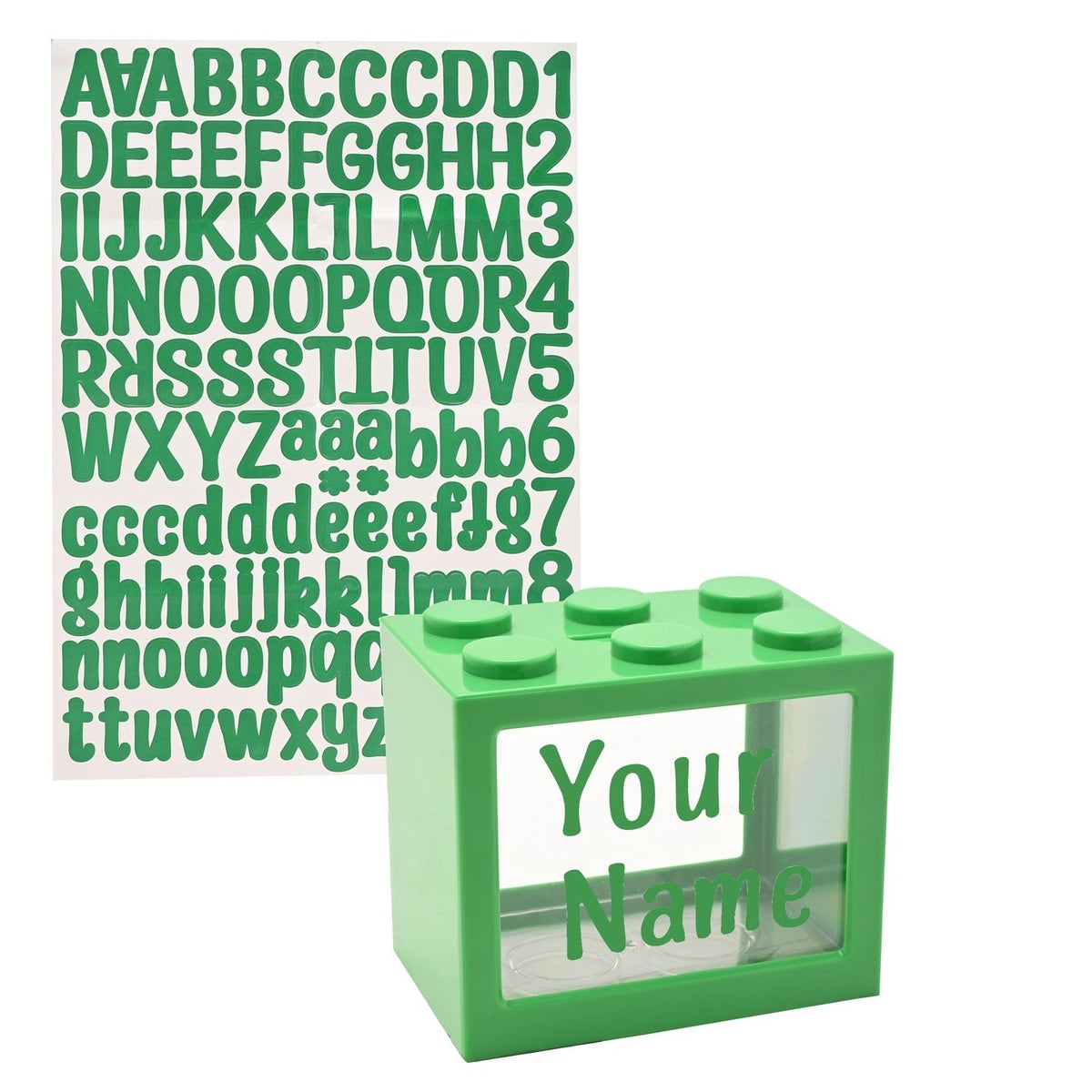 Personalisable Money Box with Full Alphabet Sticker Sheet - Green