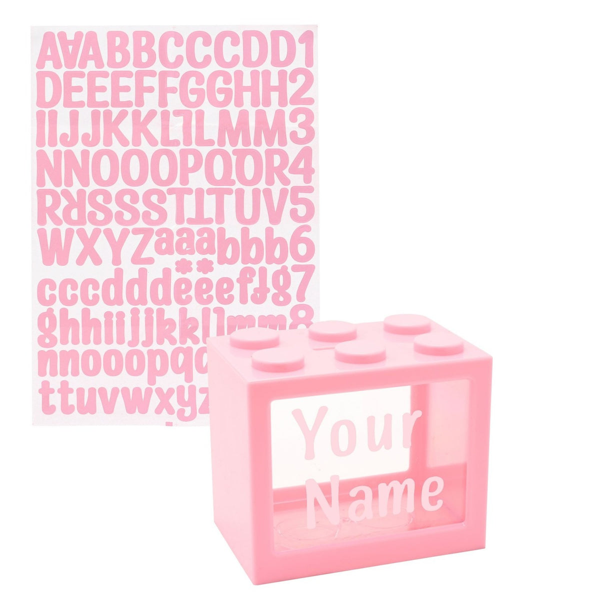 Personalisable Money Box with Full Alphabet Sticker Sheet - Pink