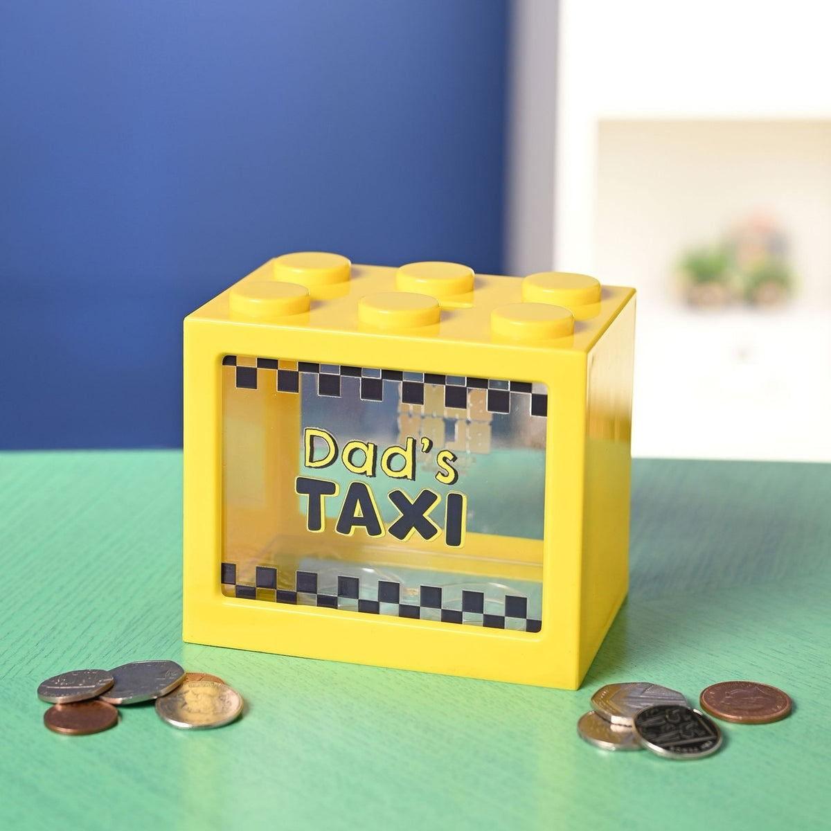 Dad's Taxi Building Block Plastic Money Box with Window - Yellow