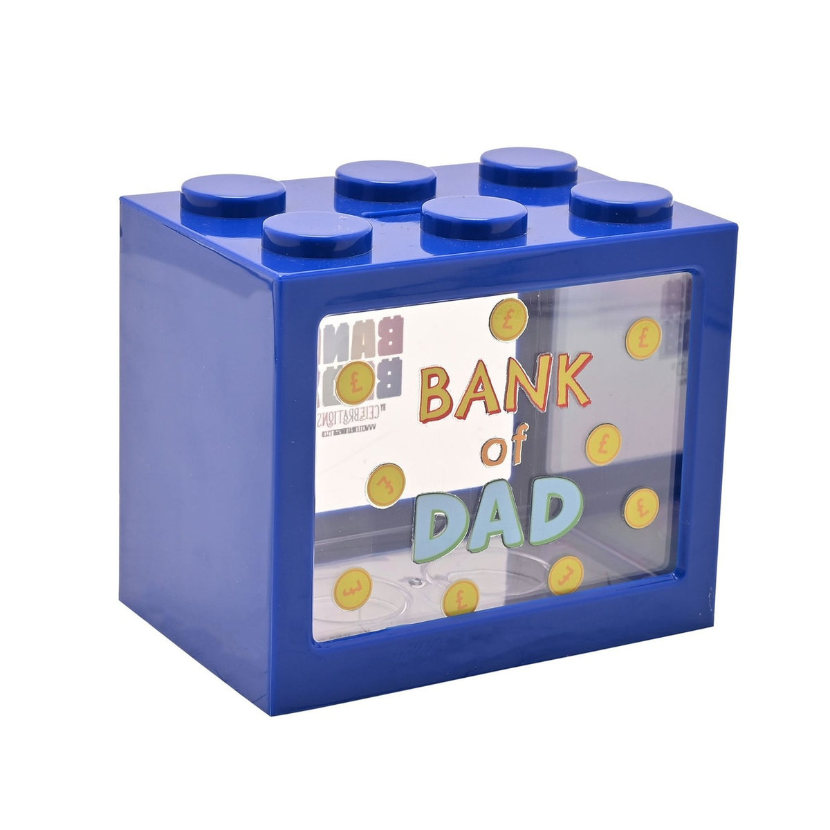 Navy blue plastic money box shaped like a chunky building block with six top studs and a clear front window showing "BANK of DAD" amid gold pound-sign coin graphics, on a white background.