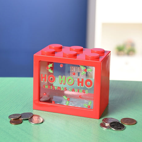 Ho Ho Ho Building Block Plastic Money Box with Window - Red