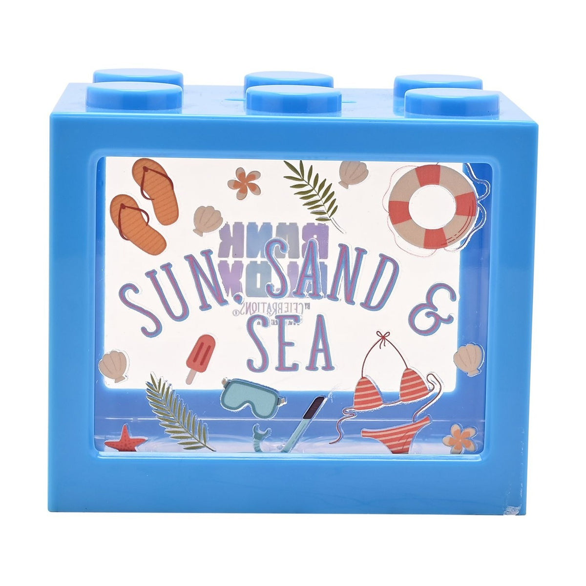 Sun, Sand & Sea Building Block Plastic Money Box - Blue