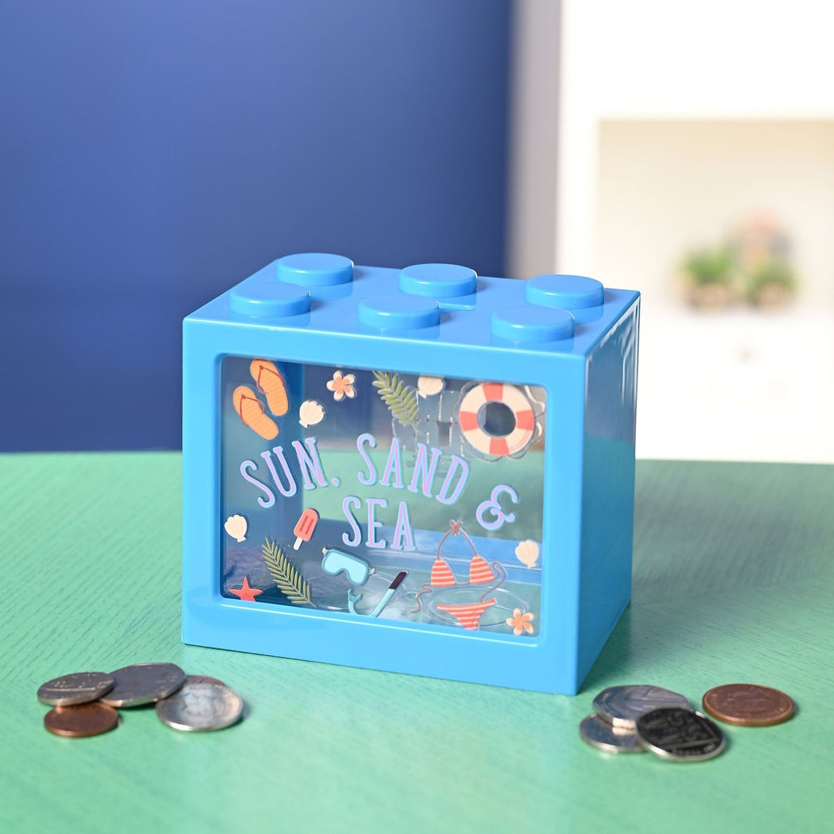Sun, Sand & Sea Building Block Plastic Money Box - Blue