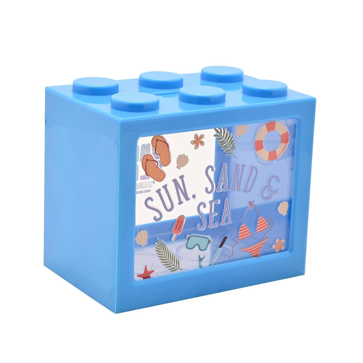 Sun, Sand & Sea Building Block Plastic Money Box - Blue