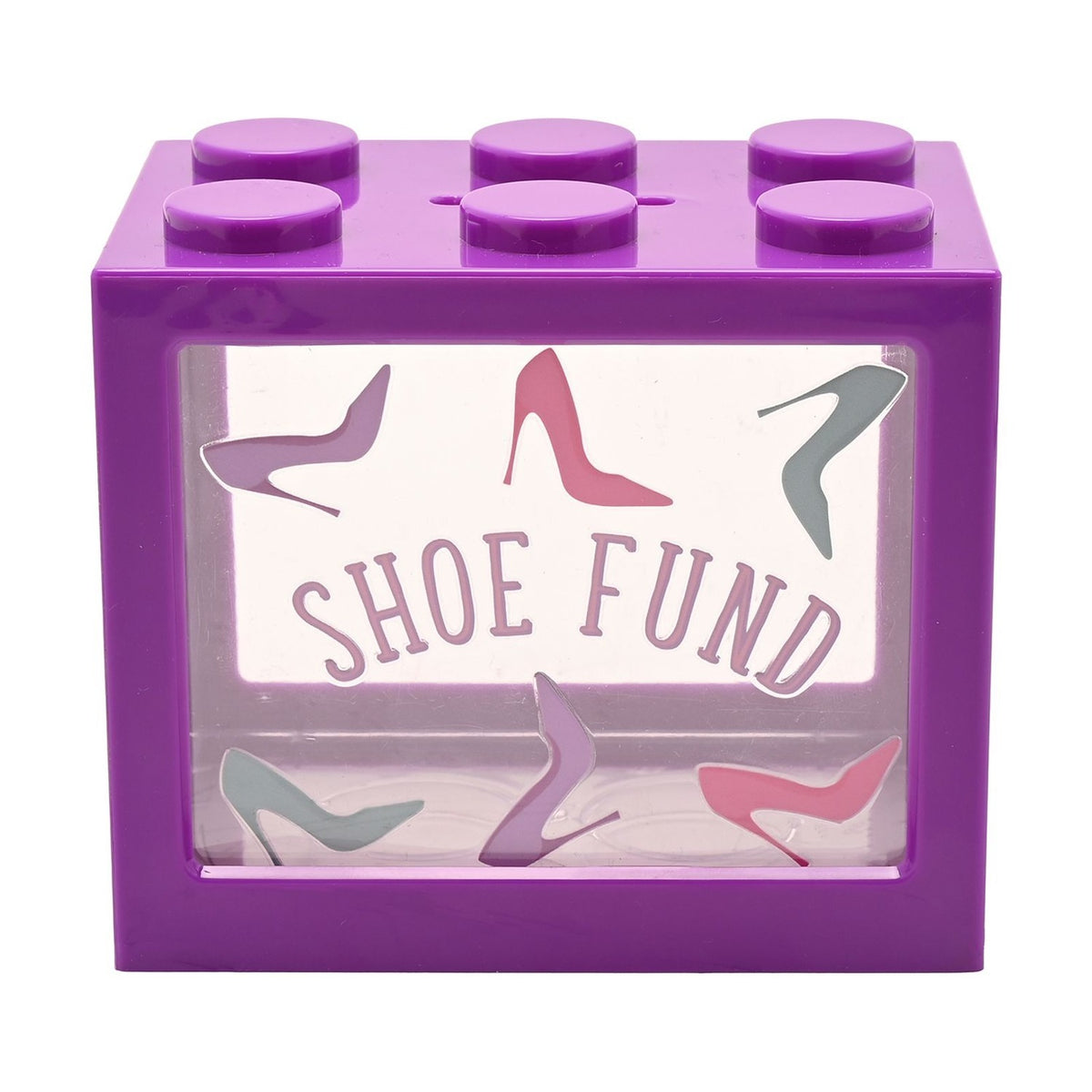 Purple plastic brick-shaped money box with six top studs and a clear front window printed "SHOE FUND" amid lilac, pink and grey stiletto heel graphics, shown on a white background.
