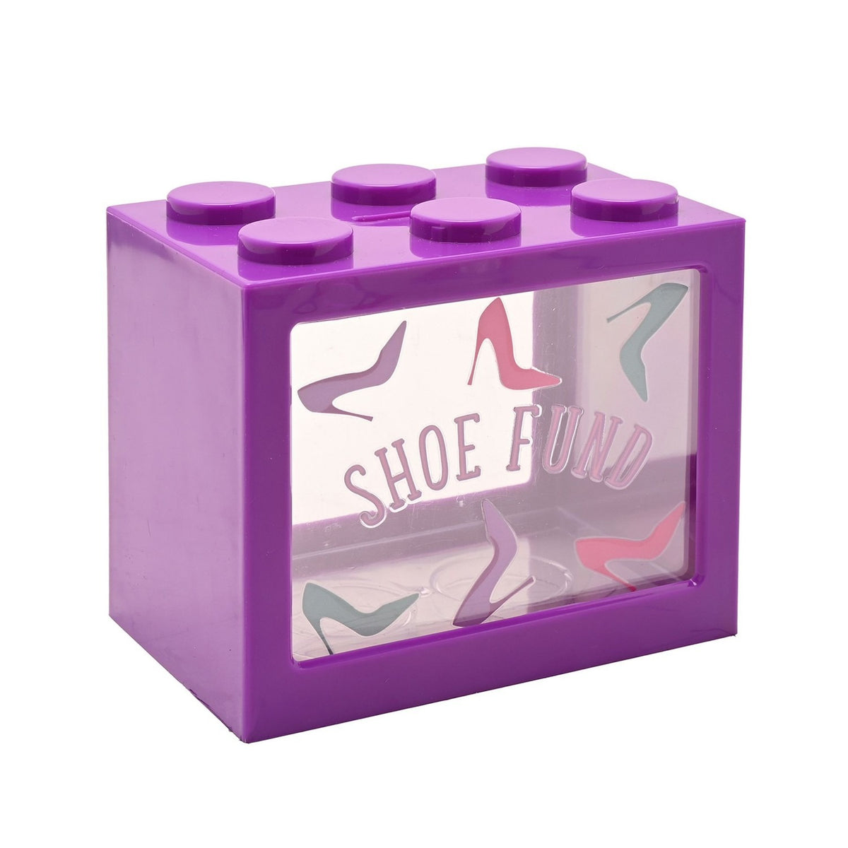 Purple plastic brick-shaped money box with six top studs and a clear front window printed "SHOE FUND" alongside lilac, pink and grey stiletto heel illustrations, on a plain white background.
