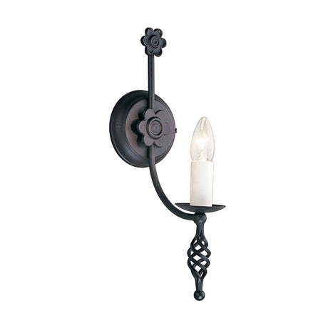 The Belfry 1 Light Wall Light in black boasts a vintage style with its decorative floral mounting plate and intricately twisted arm design, adding old-world charm. It enhances vintage-inspired interiors and accommodates a single candle-shaped light bulb.