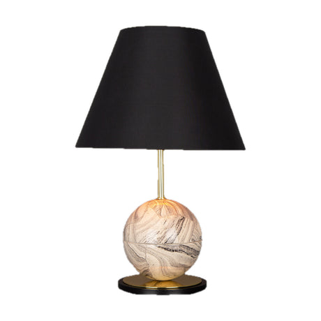 Byrd Ceramic Globe Table Lamp with marbled cream and grey globe base, brass stem, black round plinth, and tapered black fabric shade on a plain white background.