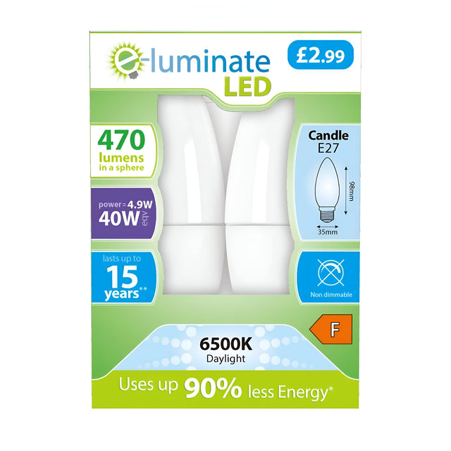 The E-Luminate 4.9W Non-Dimmable LED Candle Bulb, sold in a pack of two, comes in a classic E27 shape and emits 470 lumens. This bulb serves as an energy-efficient alternative to a traditional 40W bulb, delivering a crisp 6500K daylight tone. With an energy rating of F and priced at Â£2.99, it promises up to 15 years of lifespan while achieving up to 90% energy efficiency savings.