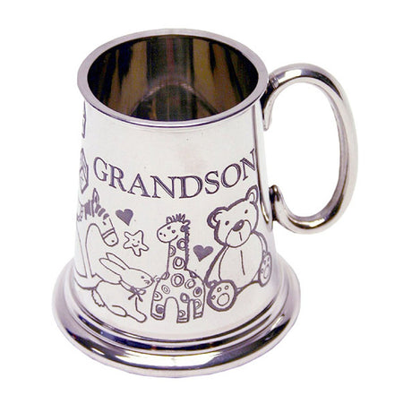 Pewter-finish iron baby mug engraved with "GRANDSON" and nursery motifs of a teddy bear, giraffe, rabbit, star and hearts, with a curved handle, shown on a white background.