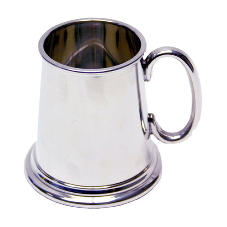 Plain Iron Baby Mug 142ml in polished pewter finish, tankard shape with stepped flared foot and smooth C handle, shown on a plain white background.