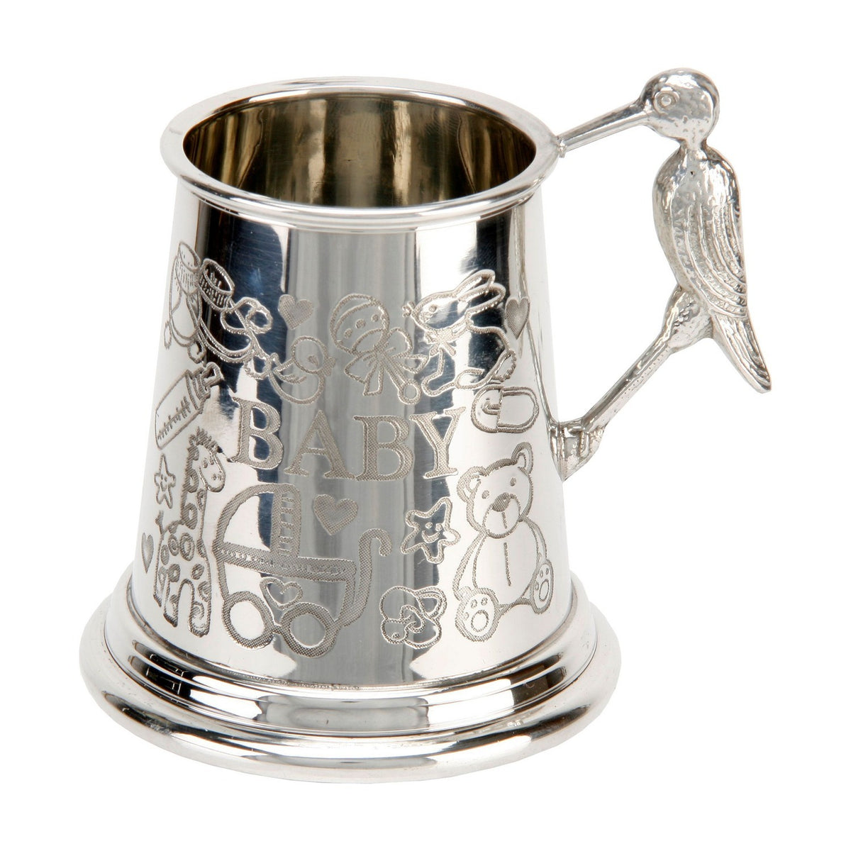 Engraved Baby Iron Mug with Stork Handle 142ml - Pewter
