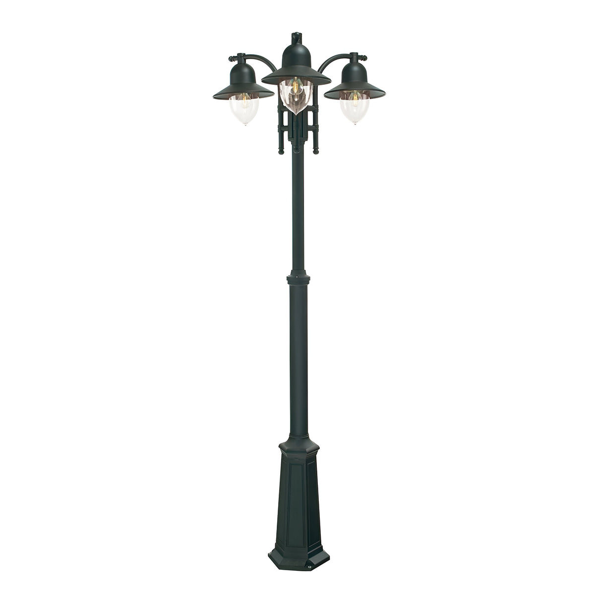 The Como 3 Light Triple Head Post - Black is a vintage-style street lamp featuring clear glass shades and ornate metal detailing on a tall, decorative post. Its IP54 rating guarantees durability for outdoor lighting, offering an elegant and classic appearance.