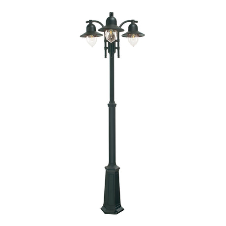 The Como 3 Light Triple Head Post - Black is a vintage-style street lamp featuring clear glass shades and ornate metal detailing on a tall, decorative post. Its IP54 rating guarantees durability for outdoor lighting, offering an elegant and classic appearance.