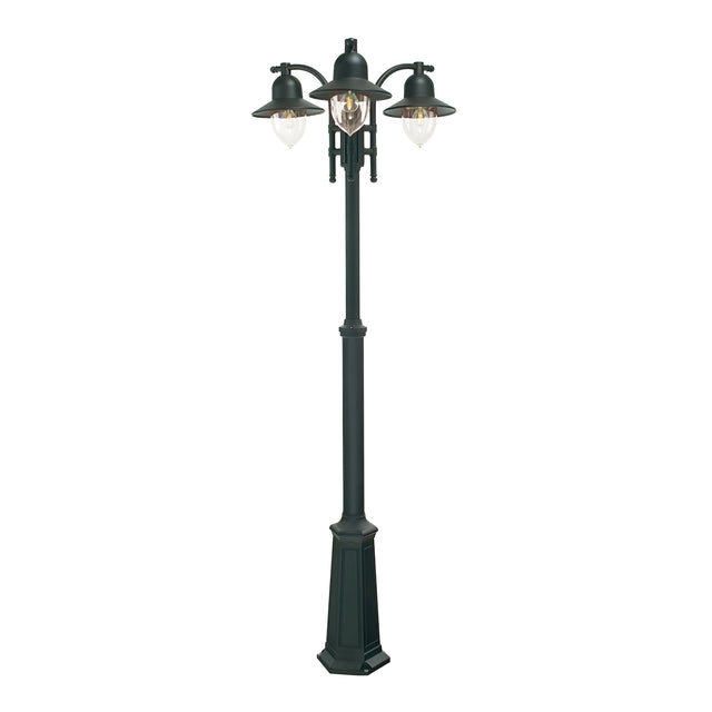The Como 3 Light Triple Head Post - Black is a vintage-style street lamp featuring clear glass shades and ornate metal detailing on a tall, decorative post. Its IP54 rating guarantees durability for outdoor lighting, offering an elegant and classic appearance.