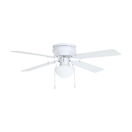Cagliari ceiling fan with light in matt white, steel body with five white blades and a globe-shaped glass shade with pull cords, shown on a plain white background.