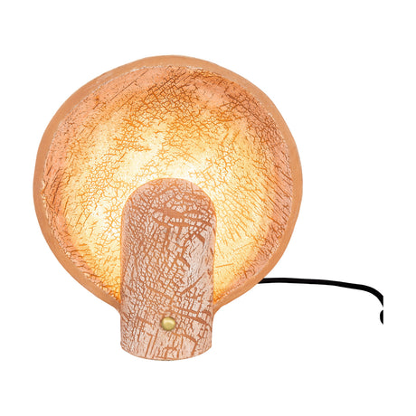 Cagliari ceramic table lamp with an upright round dish and rounded column base, terracotta with white crackled finish and brass detail, lit from within on a white background.