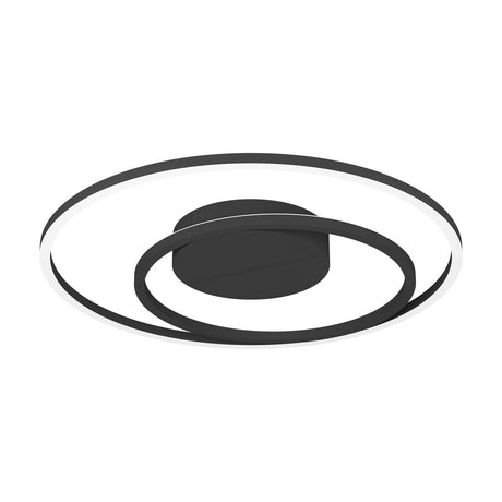 Calagrano Smart LED Flush Ceiling Light in black, 45cm, with two offset circular rings and a round centre base on a plain white background.