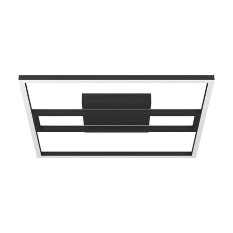 Calagrano Smart Colour Changing LED Panel Light in black, a square ceiling fixture with aluminium and steel frame, white diffuser strips, and a central black mount.