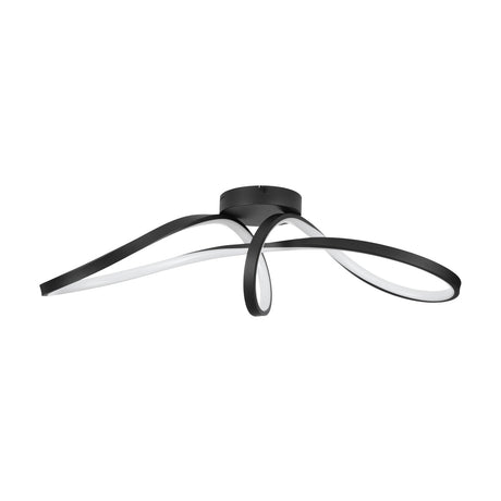 Calarossa Smart LED Ceiling Light in black, featuring looped and twisted aluminium ribbon arms with an integrated white diffuser, mounted on a round ceiling canopy against a plain white background.
