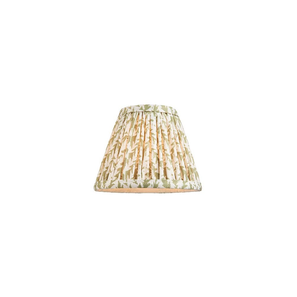 Endon Caldgrove 16cm tapered lamp shade in herb garden green with a pleated faux linen leaf print and taped edges, shown on a white background.