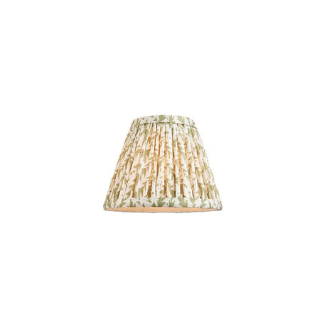 Endon Caldgrove 16cm tapered lamp shade in herb garden green with a pleated faux linen leaf print and taped edges, shown on a white background.