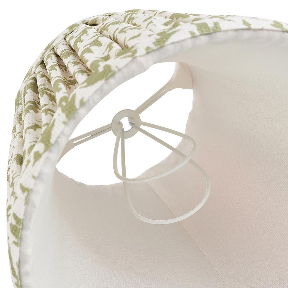 Endon Caldgrove 16cm tapered lamp shade in herb garden green, interior view showing pleated leaf-print faux linen, white lining and candle clip fitting.
