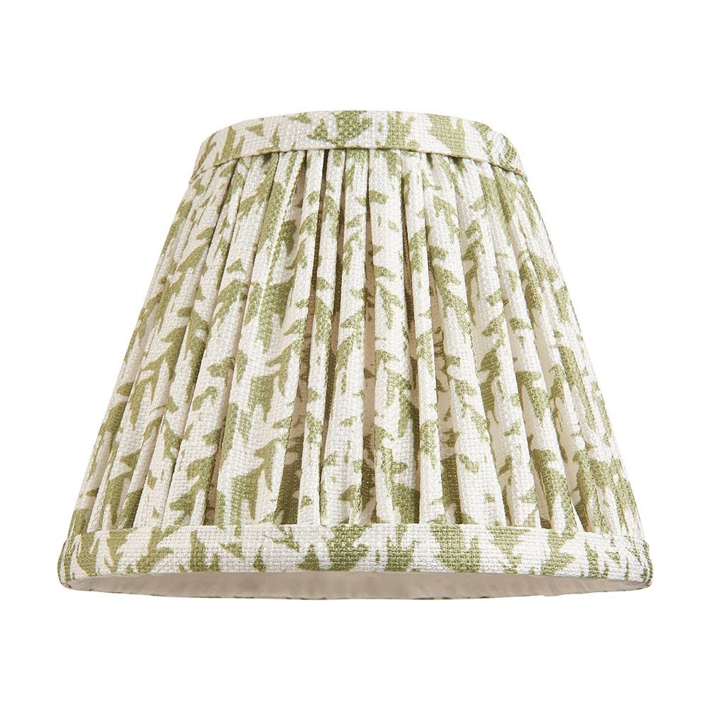 Endon Caldgrove 16cm tapered pleated lamp shade in herb garden green leaf-print faux linen with taped edging, on a plain white background.