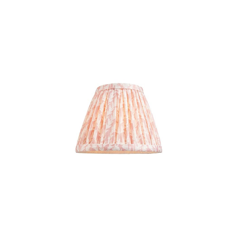 Caldgrove 16cm tapered lamp shade in Peachy Keen, pleated faux linen with leaf pattern and taped edges, shown on a plain white background.