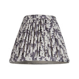 Endon Caldgrove 16cm tapered lamp shade in pearl grey faux linen with a gathered pleated finish and botanical leaf print, on a plain background.