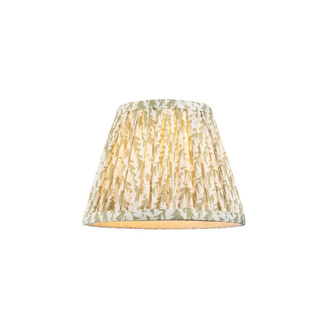 Endon Caldgrove 20cm tapered lamp shade in pleated faux linen with a green leaf print on cream and taped edging, shown on a white background.